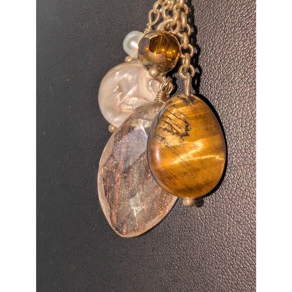 Muted Gold Tone Double Rolo Link Front Toggle Clasp Beaded Cluster 17" Necklace - Picture 4 of 6